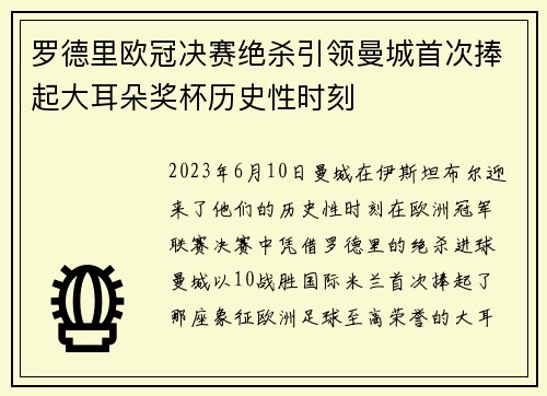 罗德里欧冠决赛绝杀引领曼城首次捧起大耳朵奖杯历史性时刻